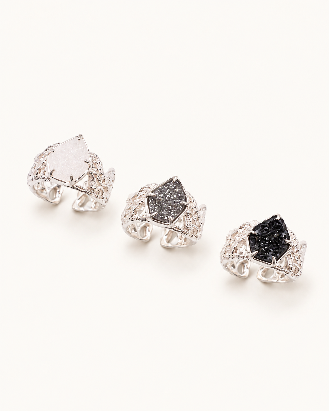 PlantsSorcery Lace Ring ps-rg-068 in white, grey and black - tilted view
