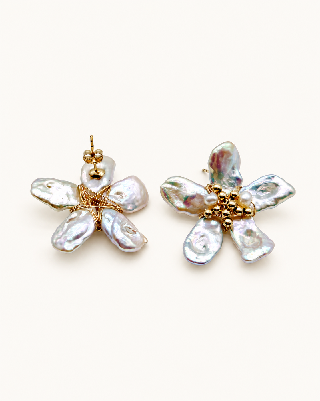 Éclosion Pearl Flower Earrings — back and side detail