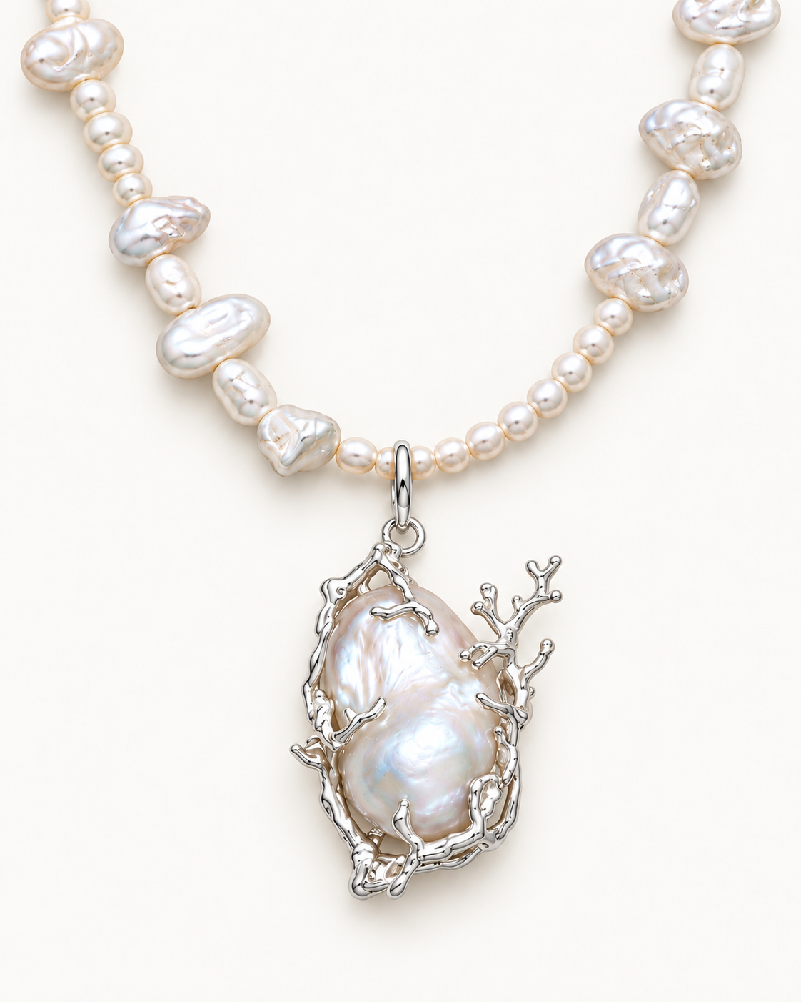 Coral Whisper Pearl Necklace in sterling silver and baroque freshwater pearls